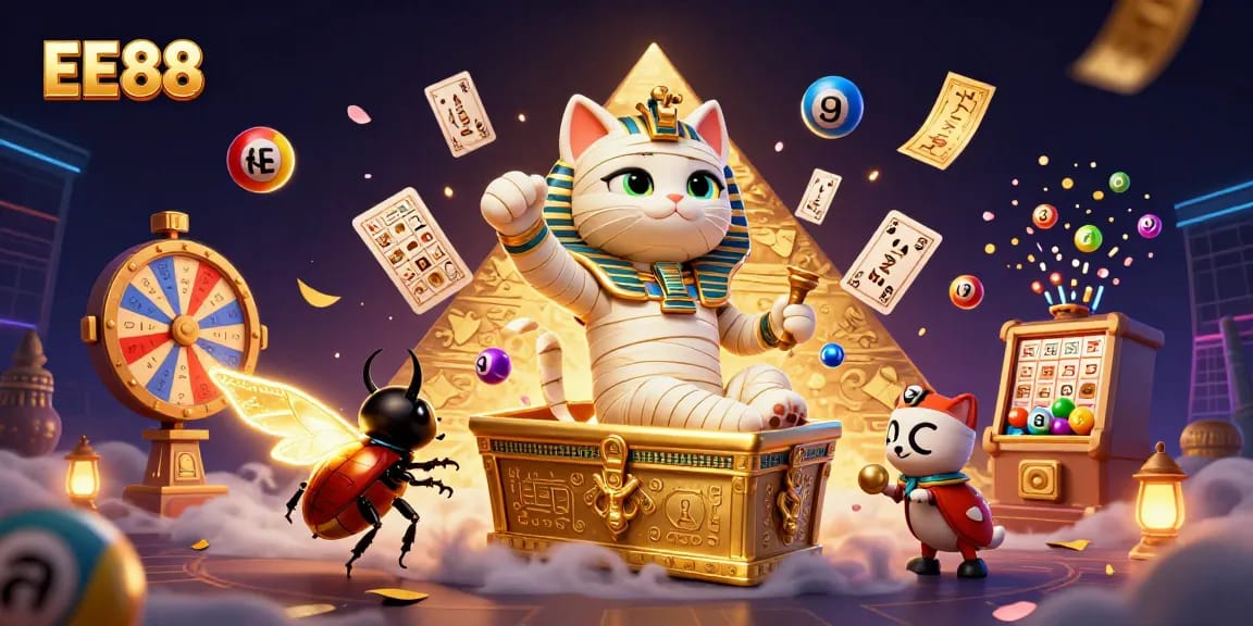 EE88 presents a vibrant 3D scene with an Egyptian mummy cat surrounded by dynamic casino elements.