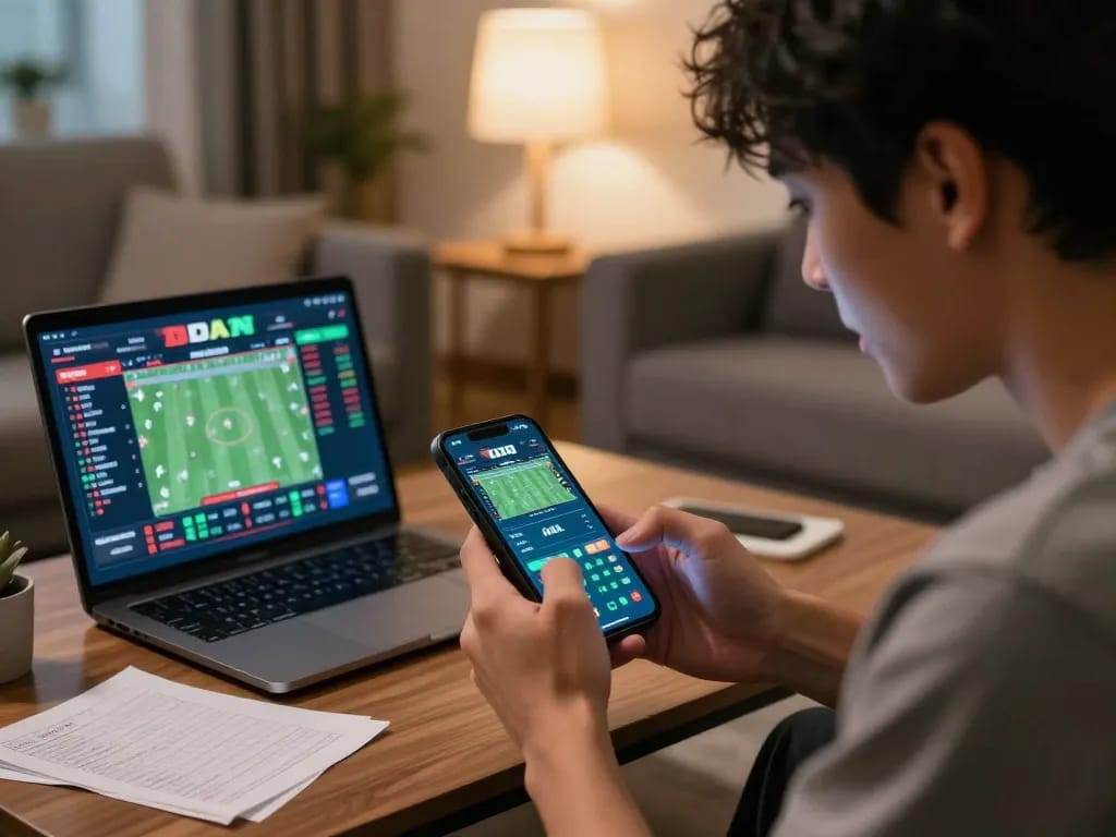 Exploring live sports betting today with keo nha cai hom nay on a smartphone and laptop in a cozy setting.