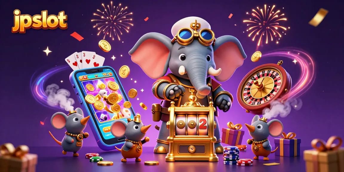 Experience thrilling jp slot action as a steampunk elephant spins a golden slot machine under a vibrant backdrop.
