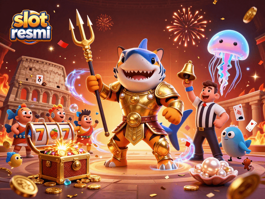 Experience thrilling slots at slot resmi with a dynamic underwater scene featuring a golden gladiator shark.