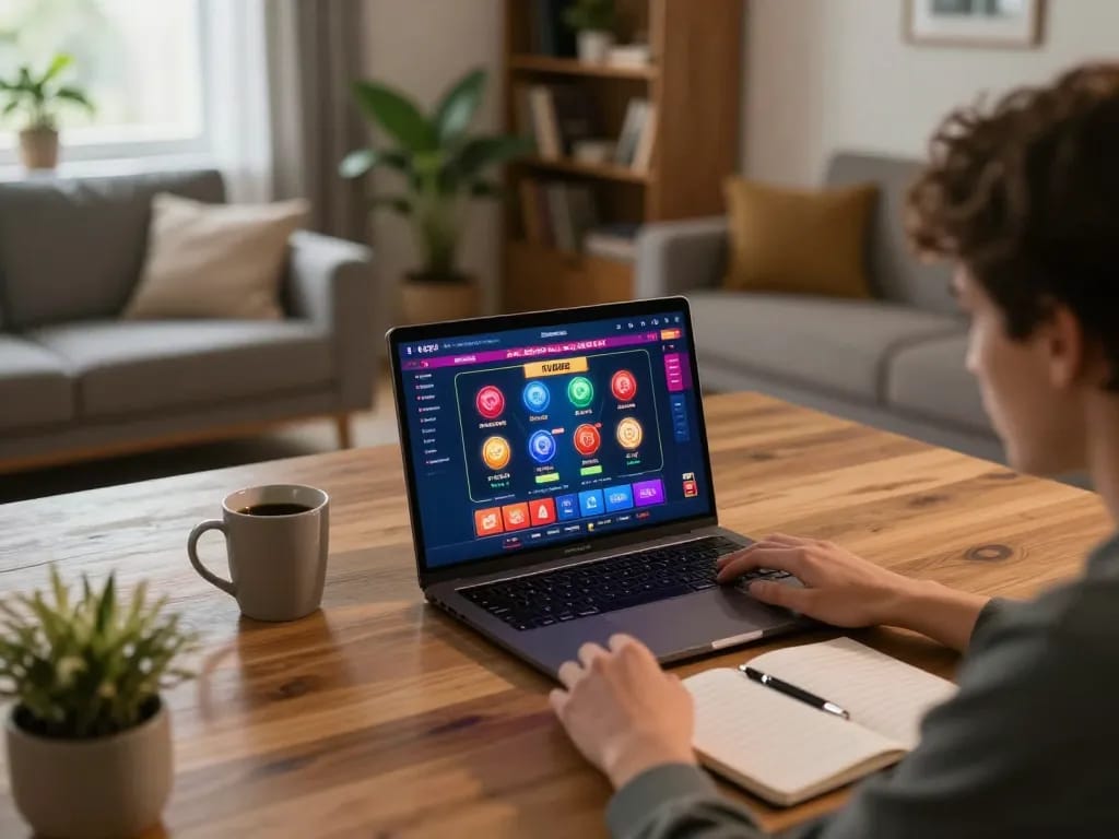 Engaged player using a laptop for fly888 online casino gaming with focused strategy notes