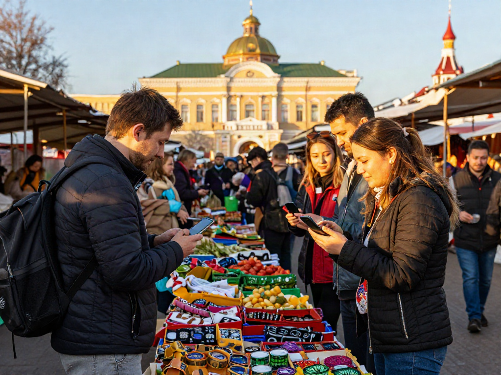 En el mercado de Rusia, turistas utilizan https://payinrussia.com/ para realizar pagos móviles en un ambiente vibrante.