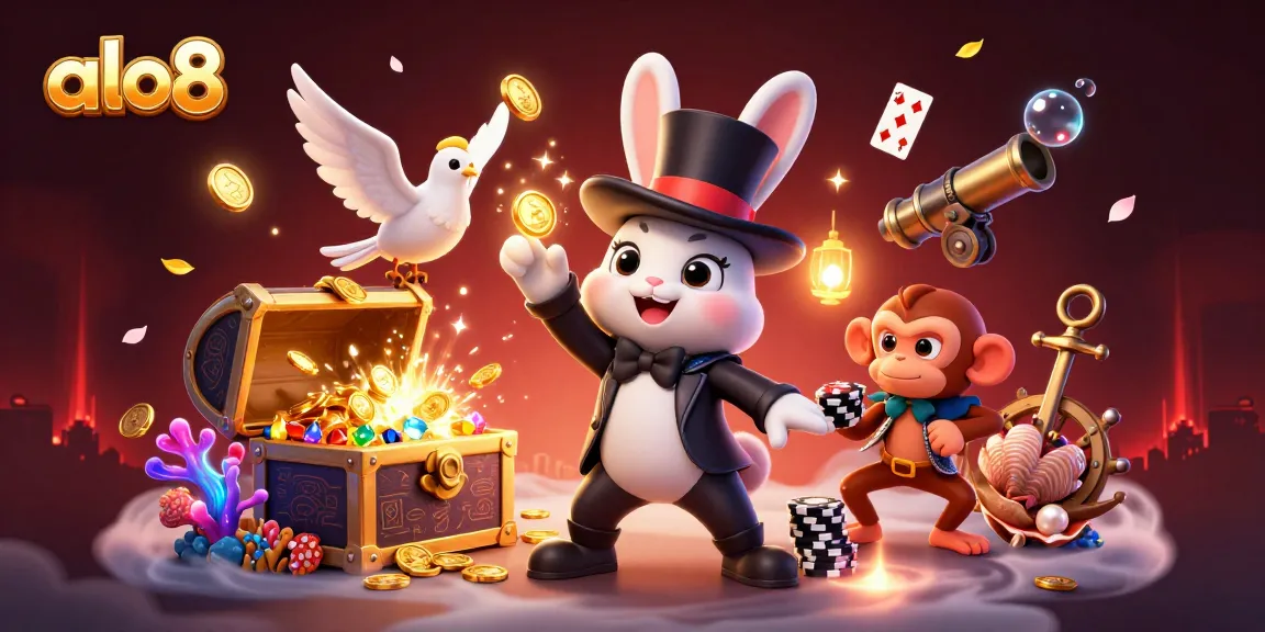 Experience excitement at ALO8 with a thrilling scene of a magician rabbit, dove, and monkey in a dynamic casino setting.