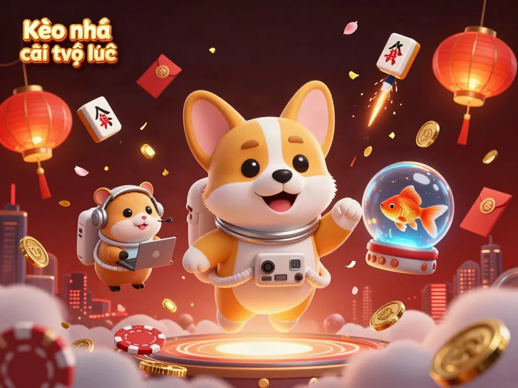 Experience the thrill at Kèo nhà cái trực tuyến with corgi astronauts in a cosmic casino scene.