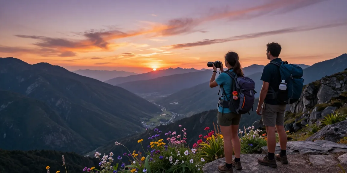 Travelers enjoying a stunning sunset view while hiking, highlighting the essence of rokok88 rtp adventure.