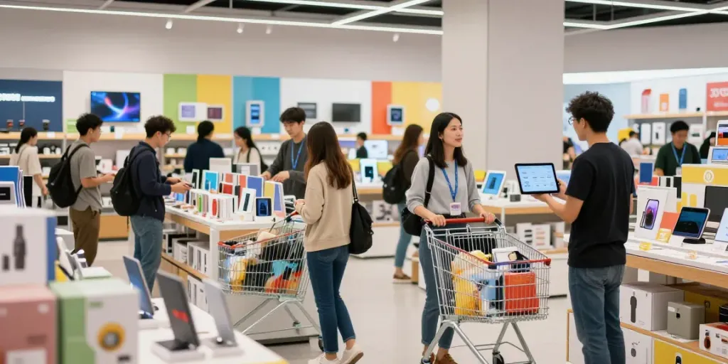 Customers exploring diverse productos in a vibrant retail setting.