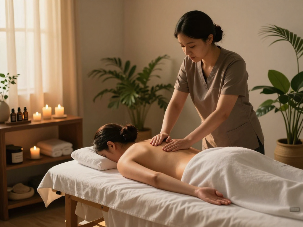 Rejuvenating 김포출장안마 session in a tranquil therapy room with calming ambiance.