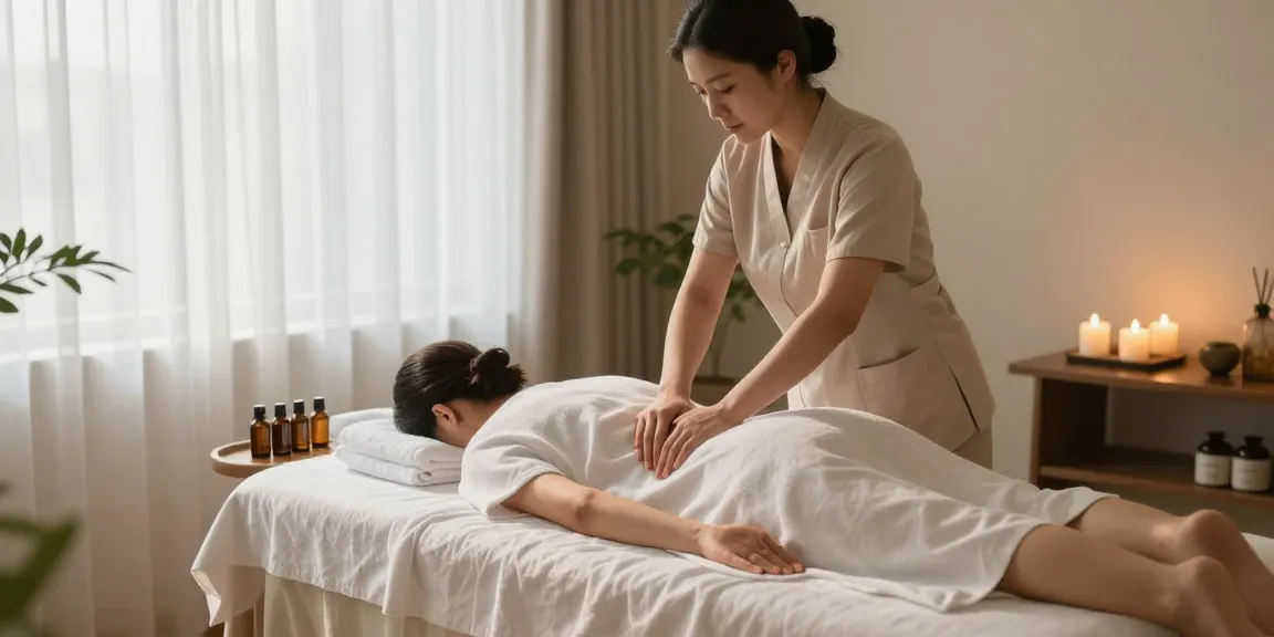 A soothing 부평출장안마 massage therapy scene in a tranquil spa setting with natural light.