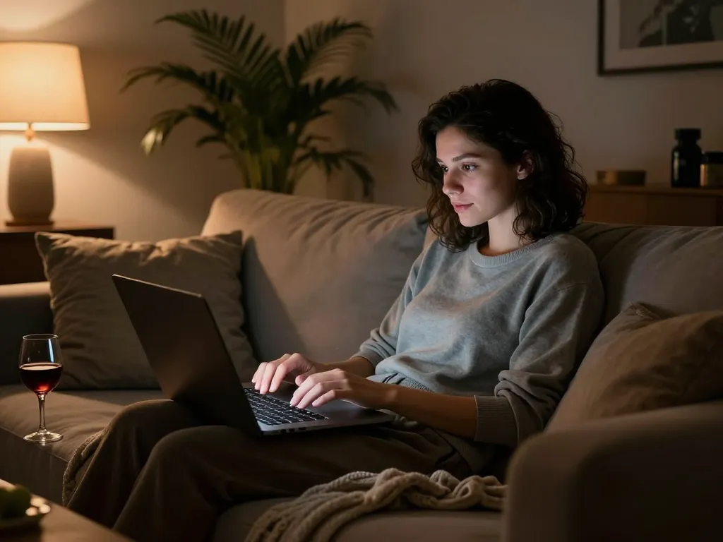 Engaging in an AI porn chat in a cozy home setup, highlighting user connection.