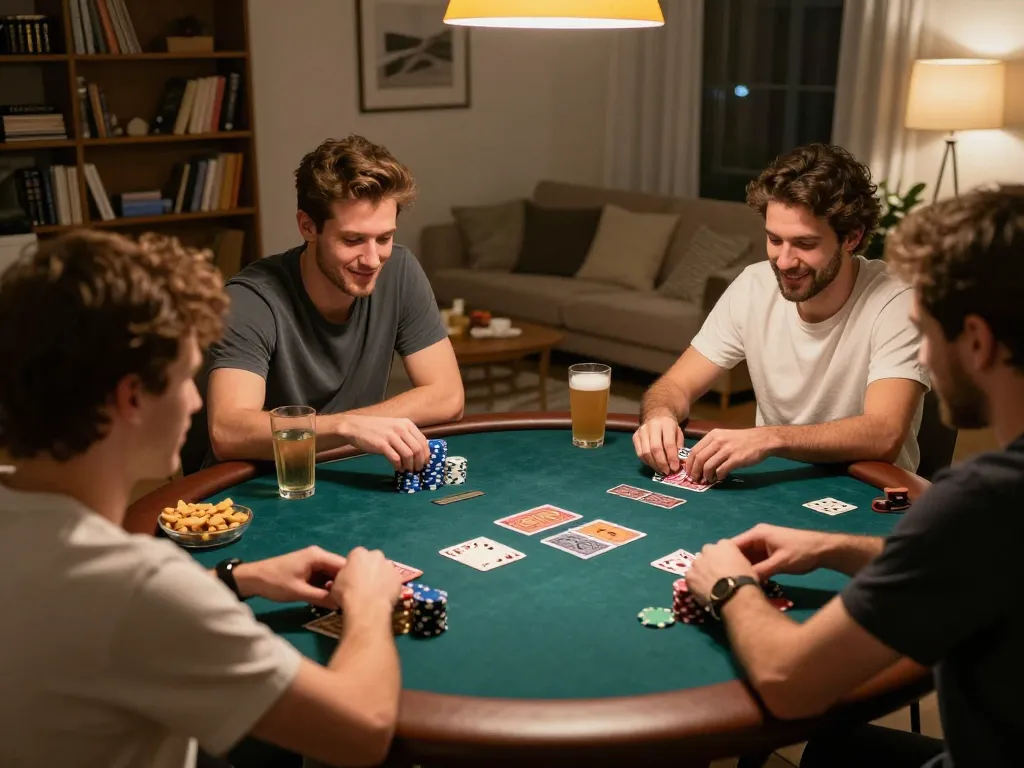 Friends playing poker at home, showcasing an engaging MM88 gaming experience