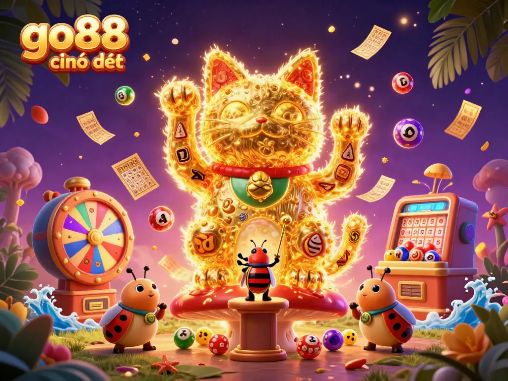 Experience the excitement of go88 chính thức with a vibrant digital illustration showing a lucky cat amidst dynamic casino symbols.