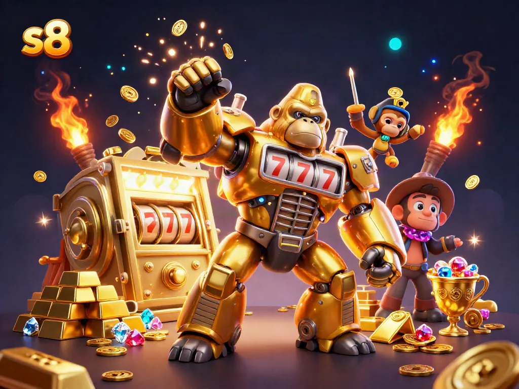 Experience thrilling gameplay at s8 with a roaring golden gorilla mech amidst treasures and excitement.