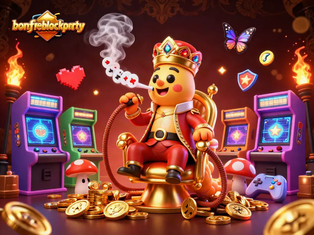 Experience the excitement of bonfireblockparty with a vibrant 3D casino scene and colorful gaming elements.