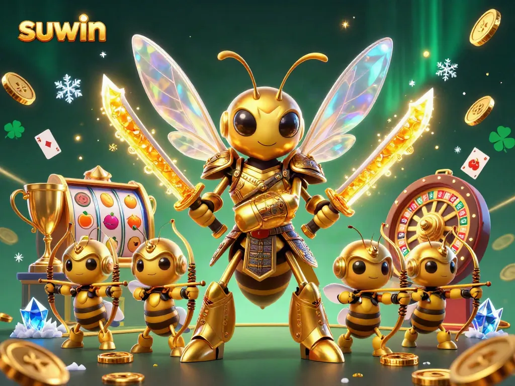 Engage with the suwin online casino experience led by a giant hornet samurai in a vibrant 3D scene.