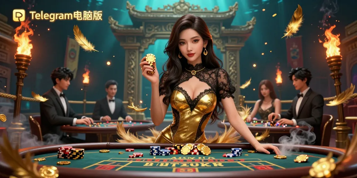 在高风险百家乐桌旁与Telegram电脑版互动,周围环绕着奢华的赌场元素。