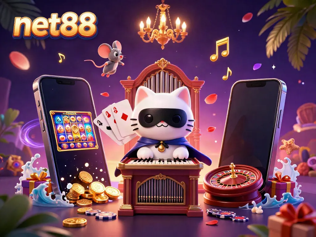 Experience the excitement at net88 with a whimsical casino scene featuring animated characters and vibrant gaming elements.