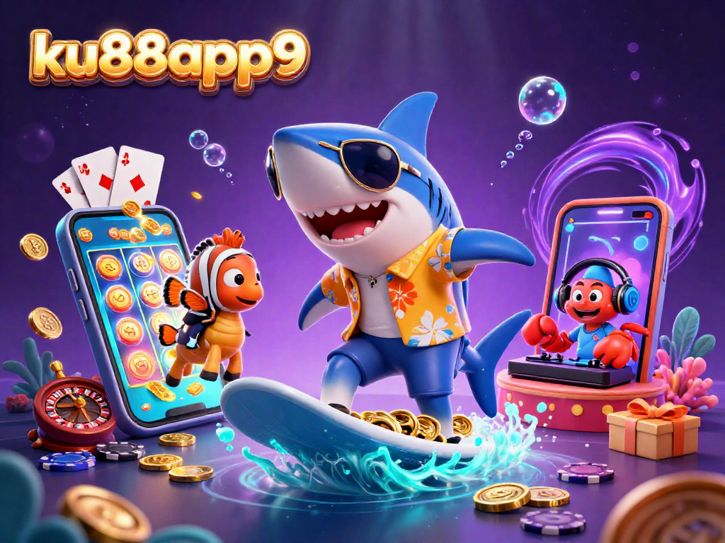 Experience thrilling gameplay with ku88app9 as a shark mounts a wave of gold coins amidst a vibrant casino scene.