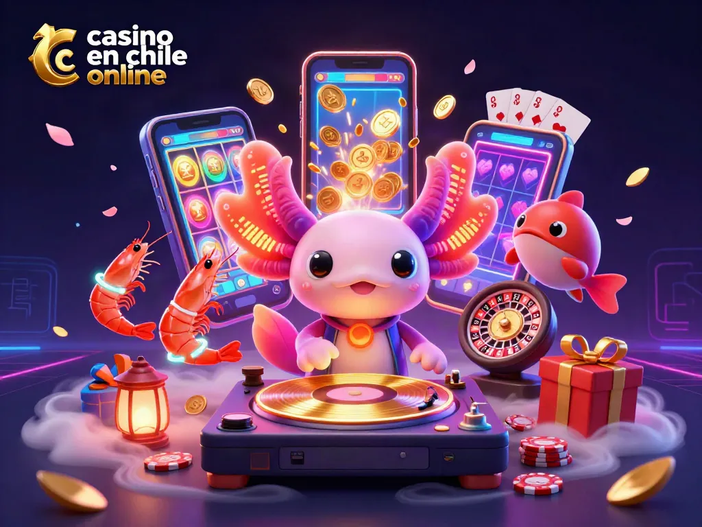 Disfruta de casino en línea en Chile con un DJ axolote y socios vibrantes rodeados de juegos y apuestas.