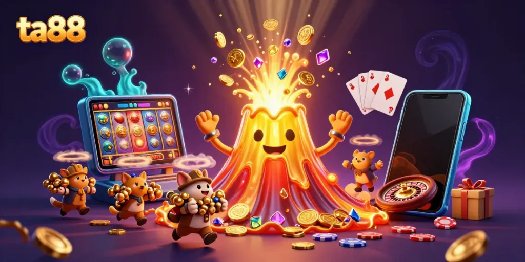 Experience thrilling excitement with ta88 as the golden volcano fountain erupts coins and treasures, capturing a vibrant casino atmosphere.