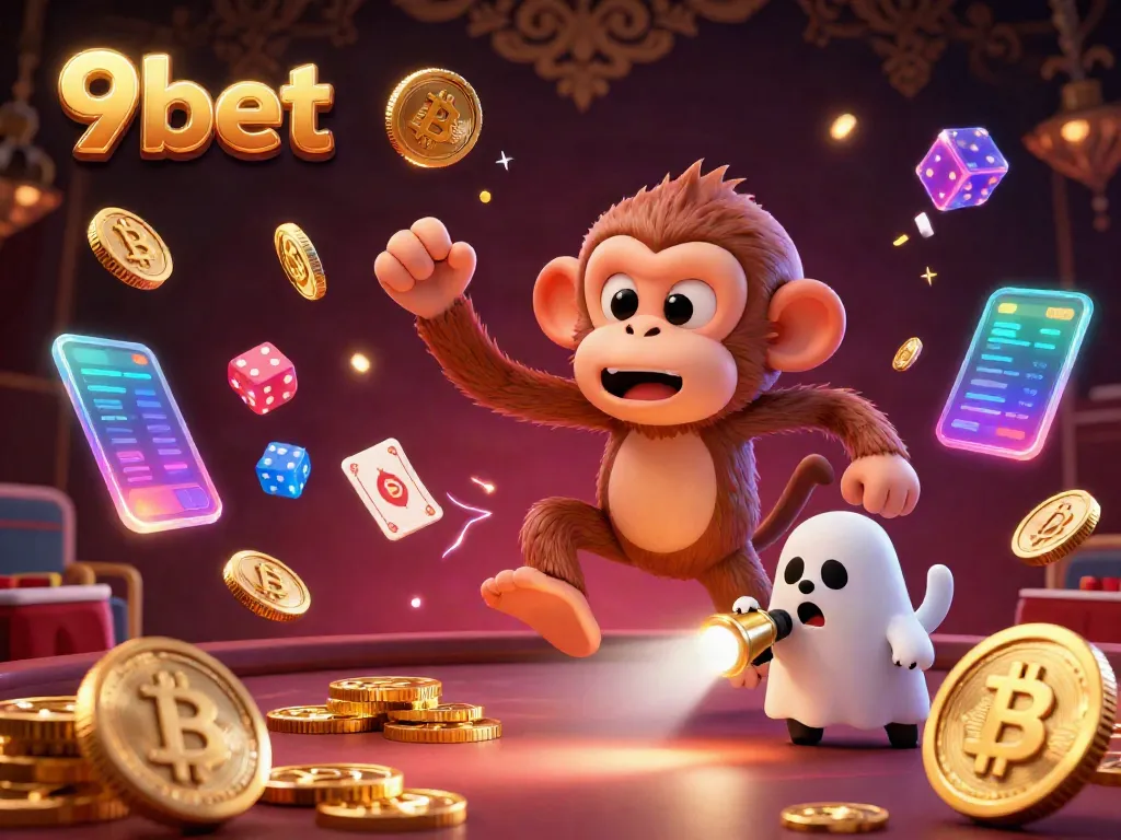 Experience thrilling gaming with 9bet in this vibrant casino scene featuring a playful poltergeist and a curious puppy.