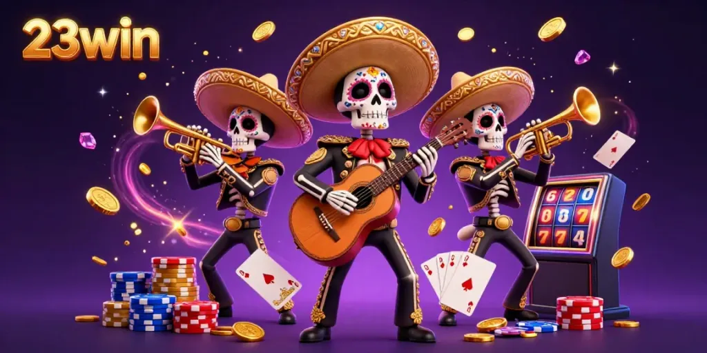 Engage with 23win's vibrant mariachi band surrounded by dynamic casino elements and golden treasures.