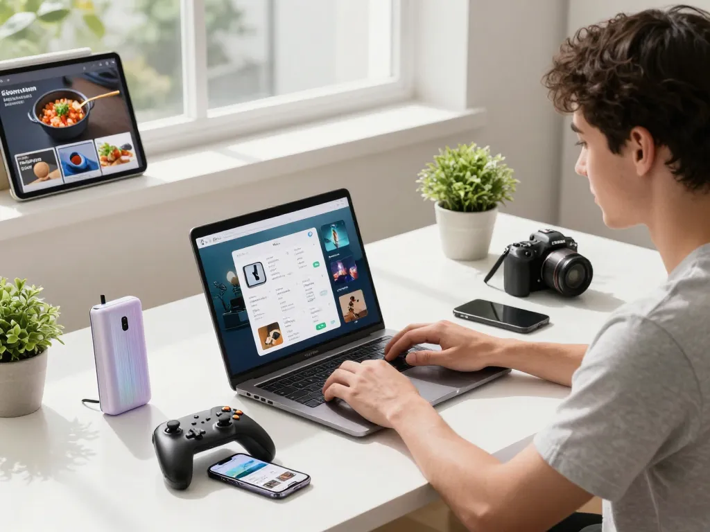 Showcasing affordable tech gadgets like a Bluetooth controller and smartphone in a modern workspace.