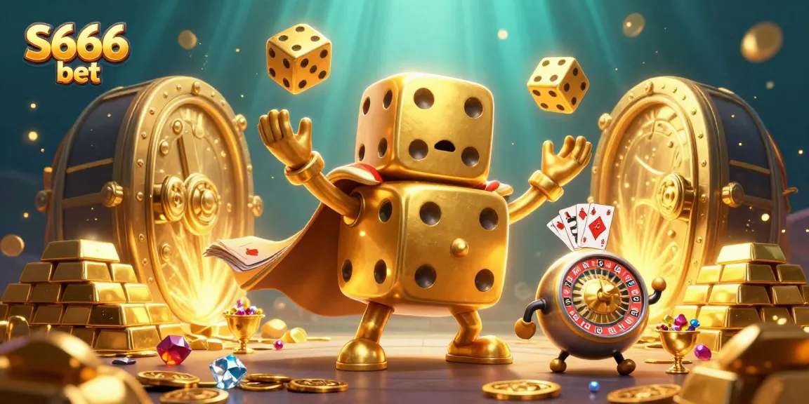 Experience S666 bet with a dynamic scene of cartoon dice and jewels in an online casino.