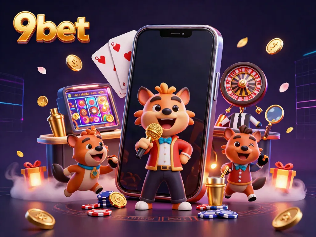 Engaging 9bet-themed illustration showing hyenas in a comedy casino with vibrant slot games and golden coins.