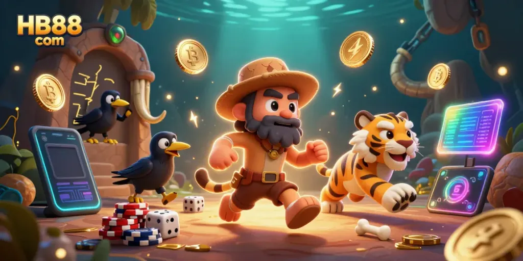 Experience the thrilling world of HB88 com with vibrant casino illustrations featuring unique characters and crypto elements.