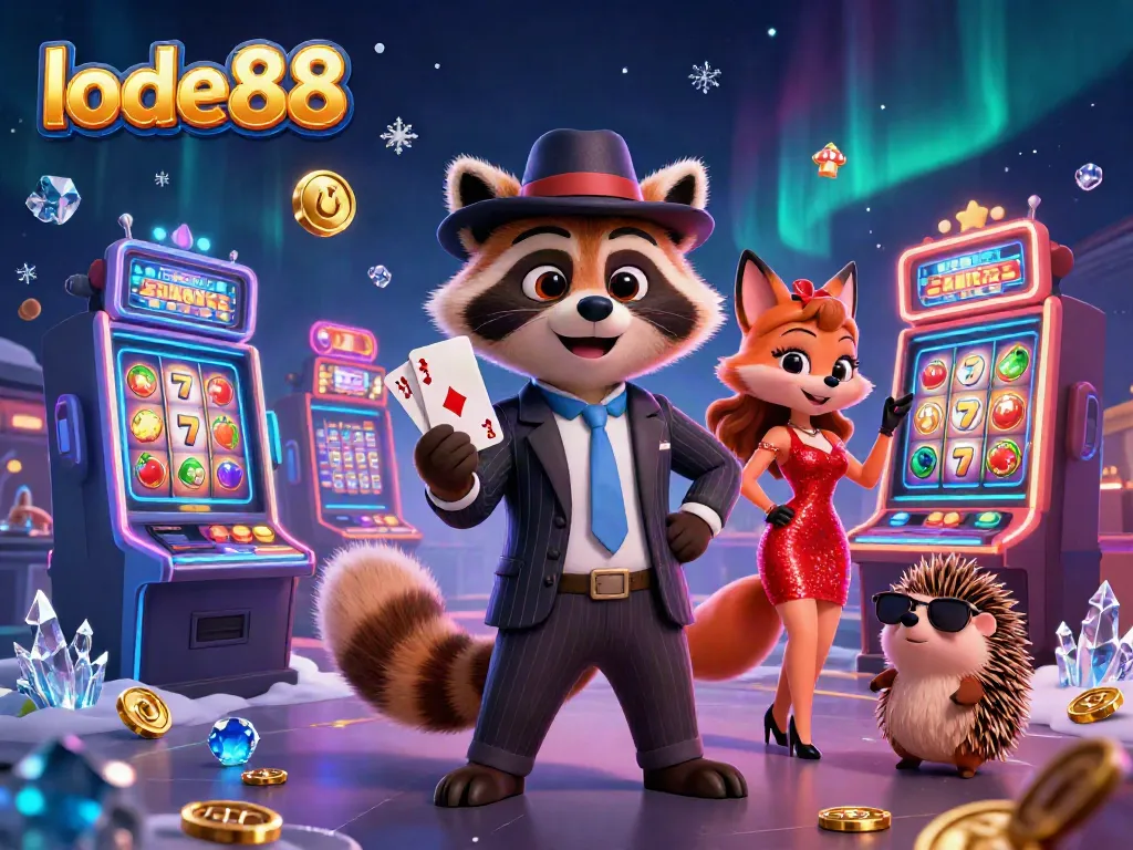 Join the excitement at lode88 with a suave raccoon, fox companion, and hedgehog bouncer in a vibrant casino setting.
