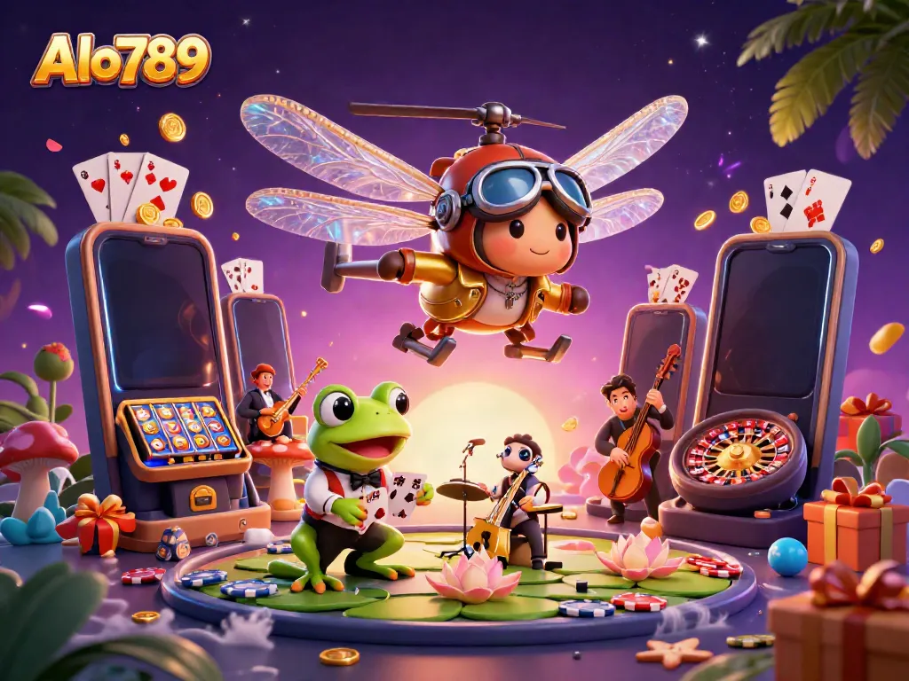 Alo789 showcases thrilling gambling action with a dragonfly pilot at a lily pad casino, featuring vibrant games and dynamic elements.