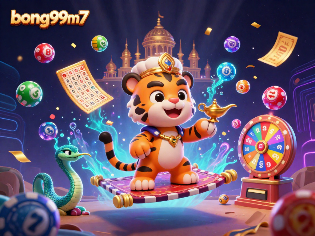 Engage with bong99m7's vibrant casino scene featuring a sultan, genie, and lottery elements.