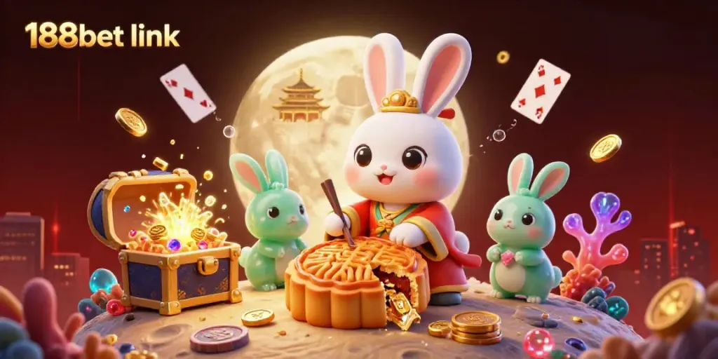 Experience the excitement of the 188bet link with vibrant lunar-themed casino elements and engaging characters.