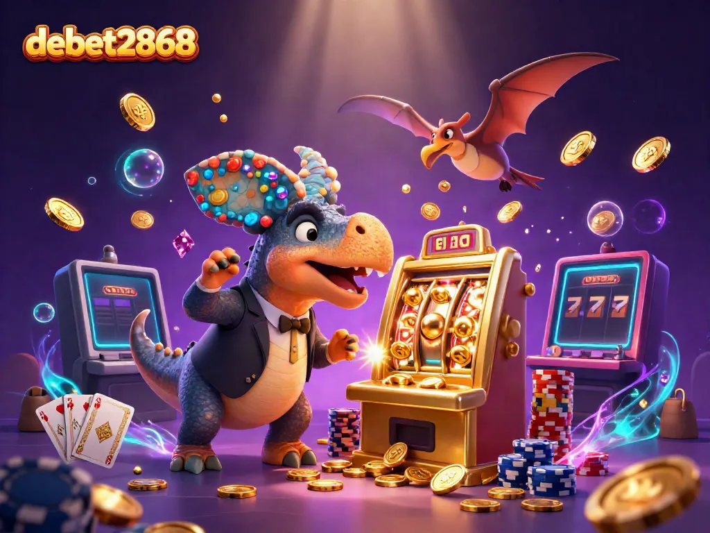 Experience the thrills of debet2868 as a pachycephalosaurus celebrates a jackpot, capturing the excitement of casino gaming.