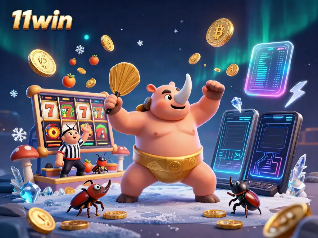 Experience thrilling gameplay at 11win with a vibrant scene showcasing a dynamic beetle and casino elements flying around.