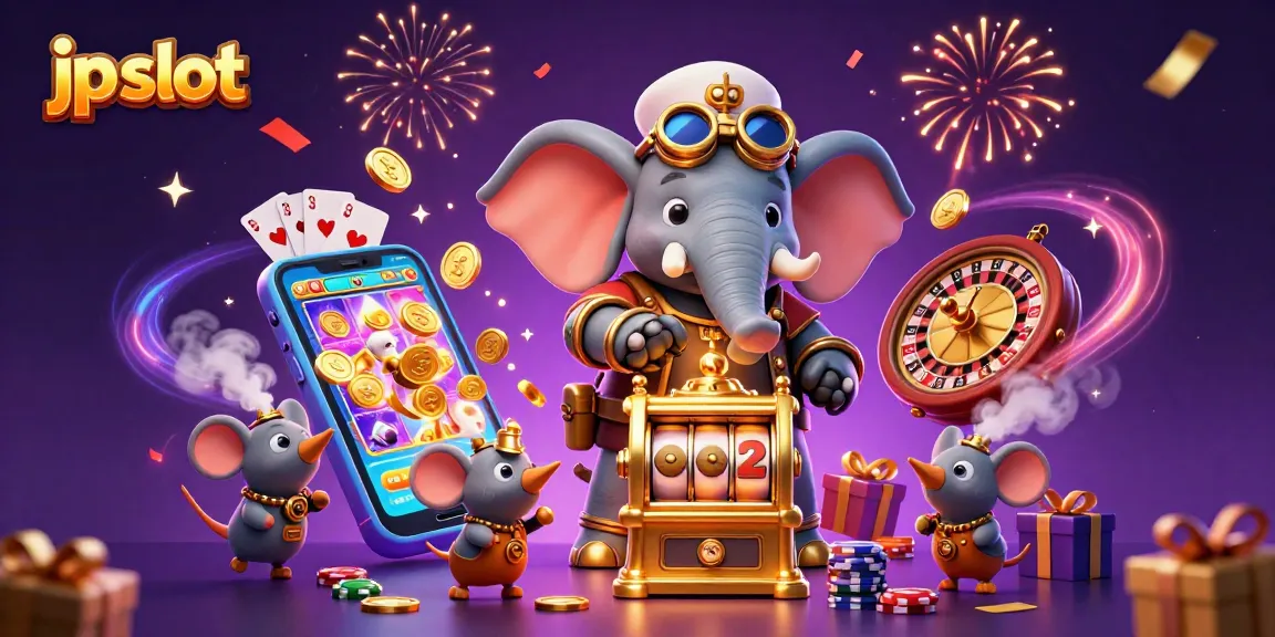 Experience thrilling jp slot action as a steampunk elephant spins a golden slot machine under a vibrant backdrop.
