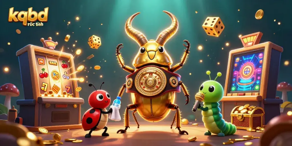 Experience the excitement of kqbd trưc tuyên with a vibrant 3D illustration of a boxing beetle and casino elements bursting with action.