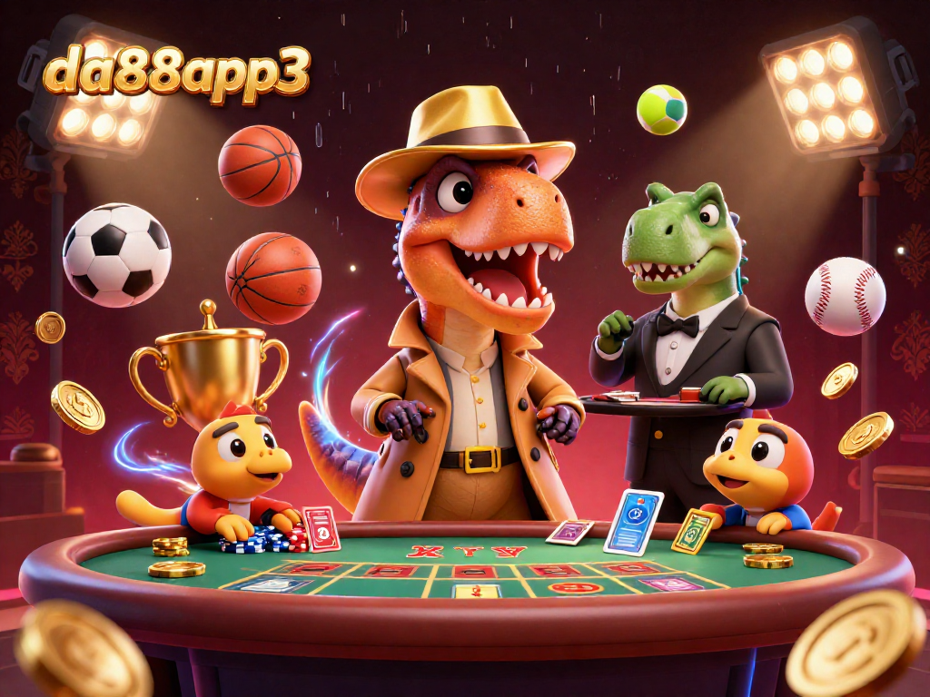 da88app3 showcases a velociraptor at a blackjack table with sports elements and glowing effects