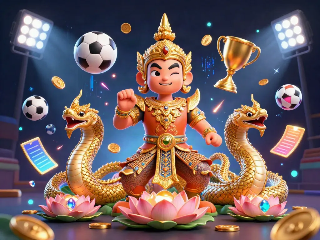 Exciting gameplay at sun win showcases a vibrant 3D scene with Thai guardian and Naga serpents, sports elements, and dynamic energy.