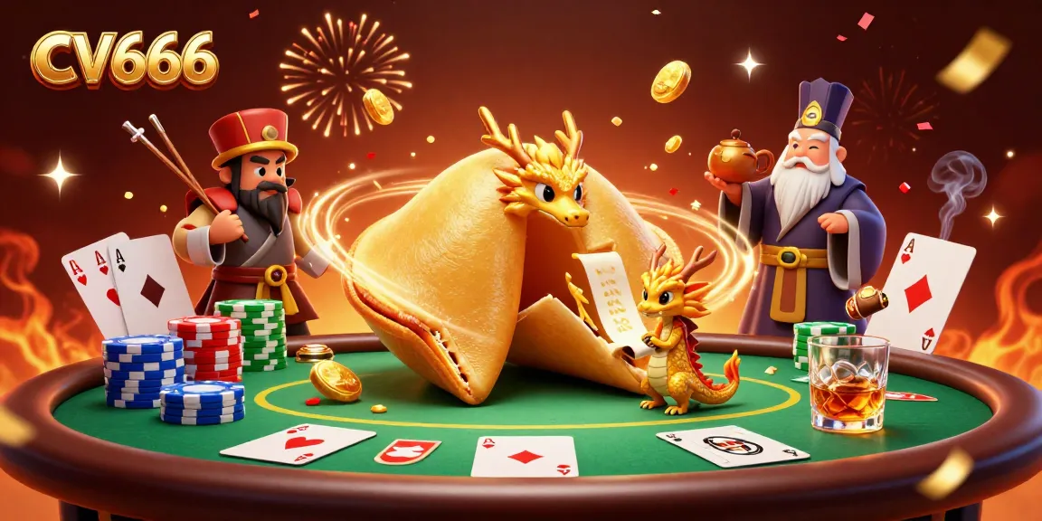 CV666 offers thrilling poker action with a festive dragon and golden fortune cookie in a vibrant casino scene.