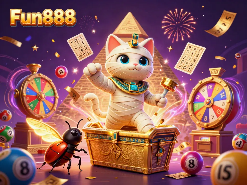 Experience the excitement of Fun888 with a lively casino scene featuring colorful lottery games.