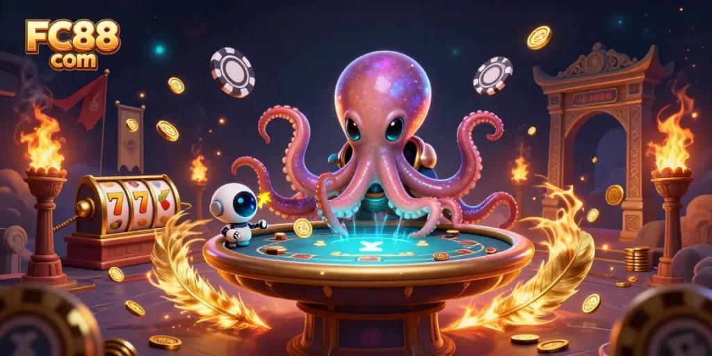Engage in exciting games at FC88 com with an alien octopus managing a poker game