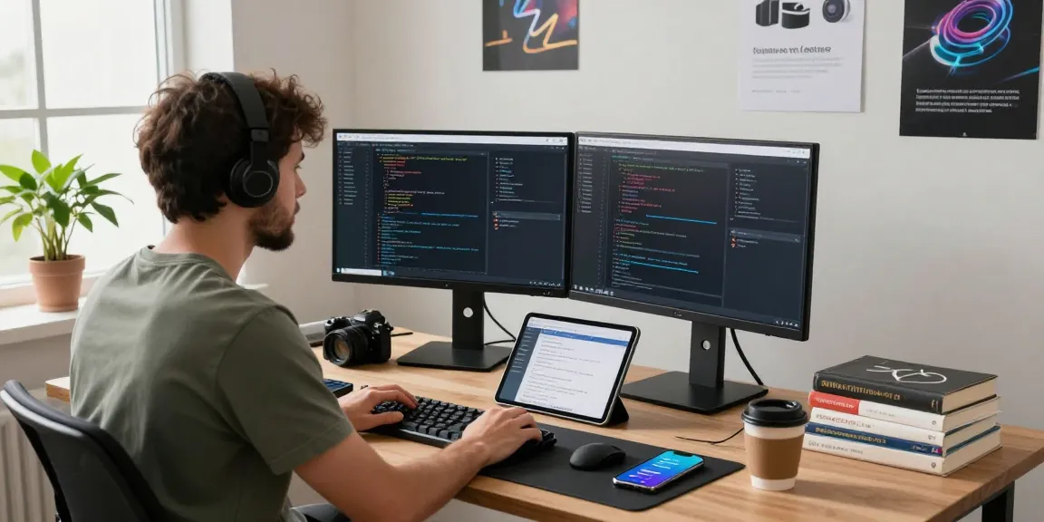 Developer coding on Telegram Web in a modern workspace with dual monitors and tech gadgets.