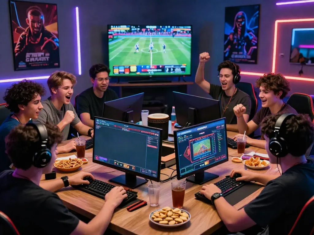 Friends enjoying online gaming at https://ta88.network/ with snacks and excitement in a lively room.