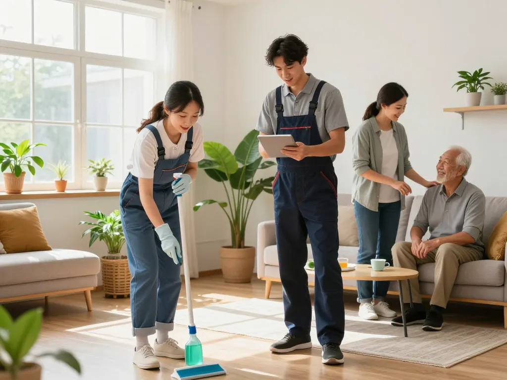 Profesionales del hogar trabajando juntos para crear un espacio vital limpio y acogedor.