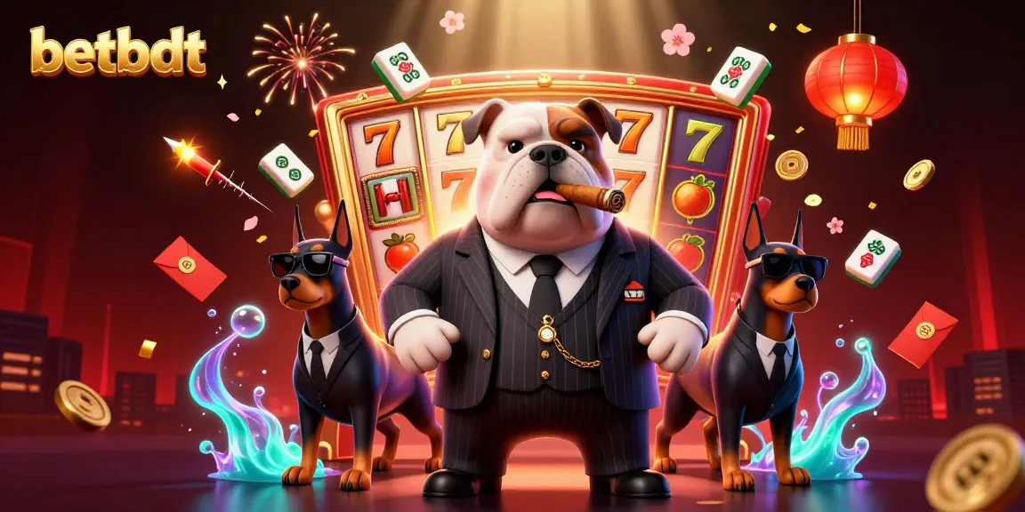 Win big with betbdt in a vibrant casino scene featuring a mafia bulldog and Doberman bodyguards.