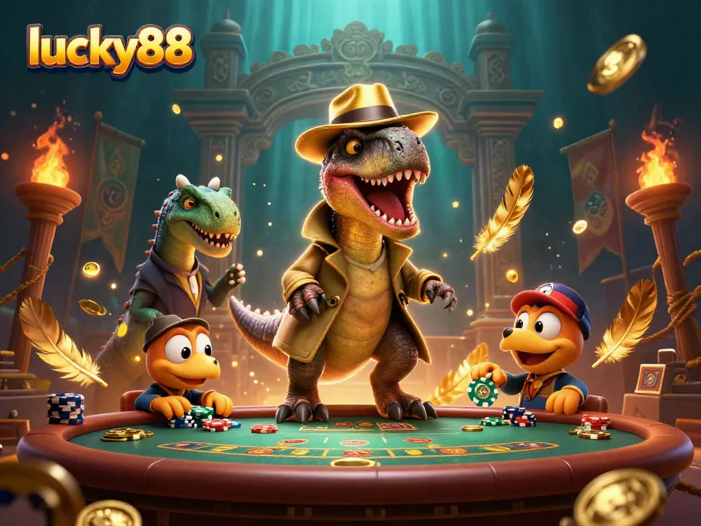 Lucky88-themed illustration with vibrant cartoon characters gambling at a blackjack table in a dynamic casino scene.