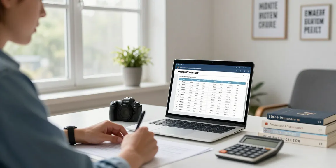 Calculate cuota hipoteca using mortgage simulator in a modern home office.