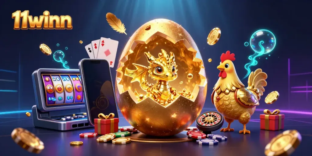 Experience the thrilling world of 11winn with a vibrant 3D illustration featuring golden gaming elements and a dragon.