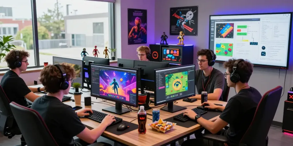 Innovative gaming team at GG Soft developing a new game in a vibrant studio.